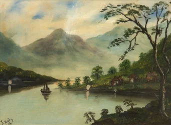 湖、山、セーリングボートのある風景、1894年（ガラスに油彩）